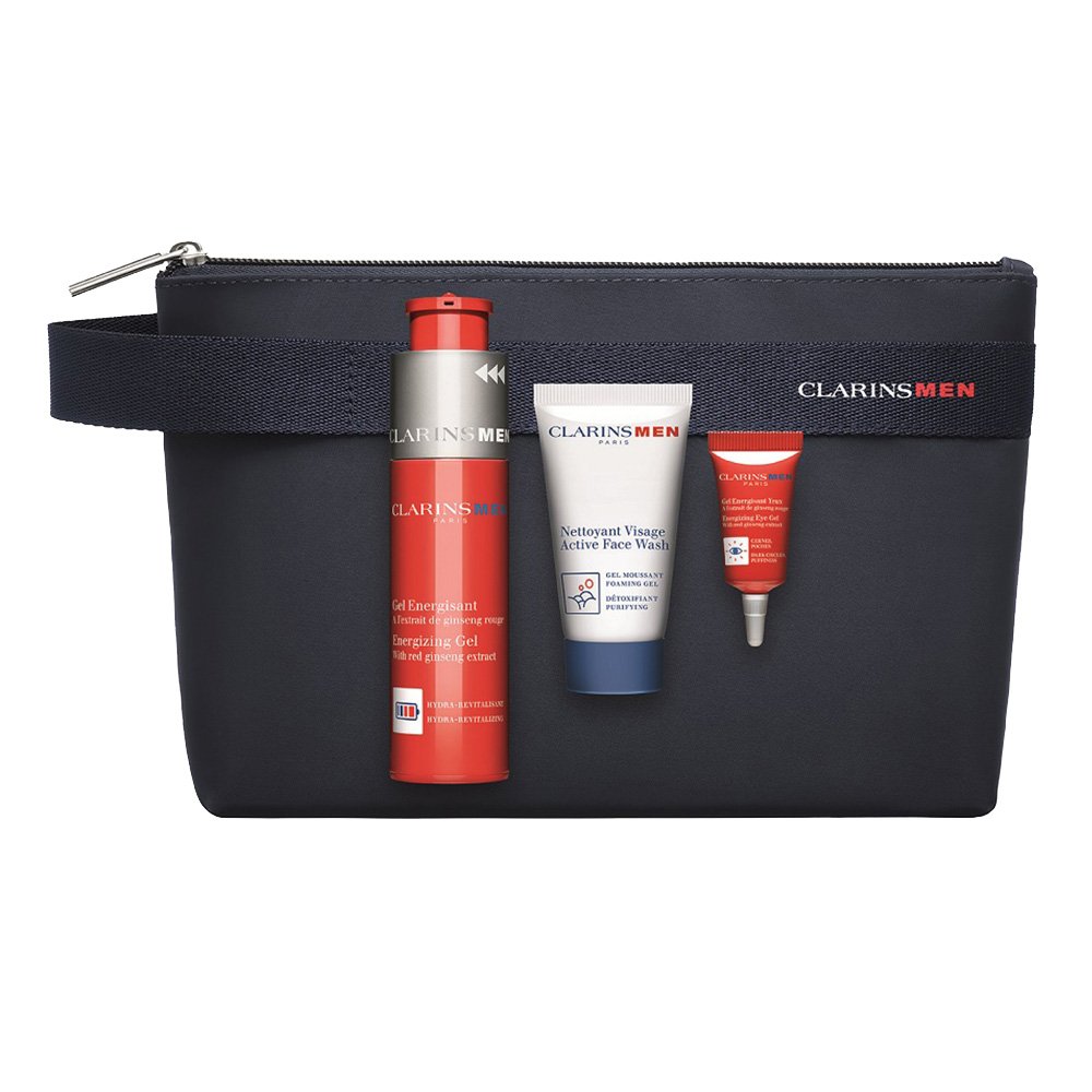 Clarins Men Gift Set 50ml Energizing Gel + 3ml Energizing Eye Gel + 30ml Active Face Wash + Bag