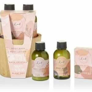 The Kind Edit Co. Kind Pamper Plant Pot Gift Set 100ml Body Wash + 100ml Body Lotion + 50g Bath Crystals + Wooden Plant Pot