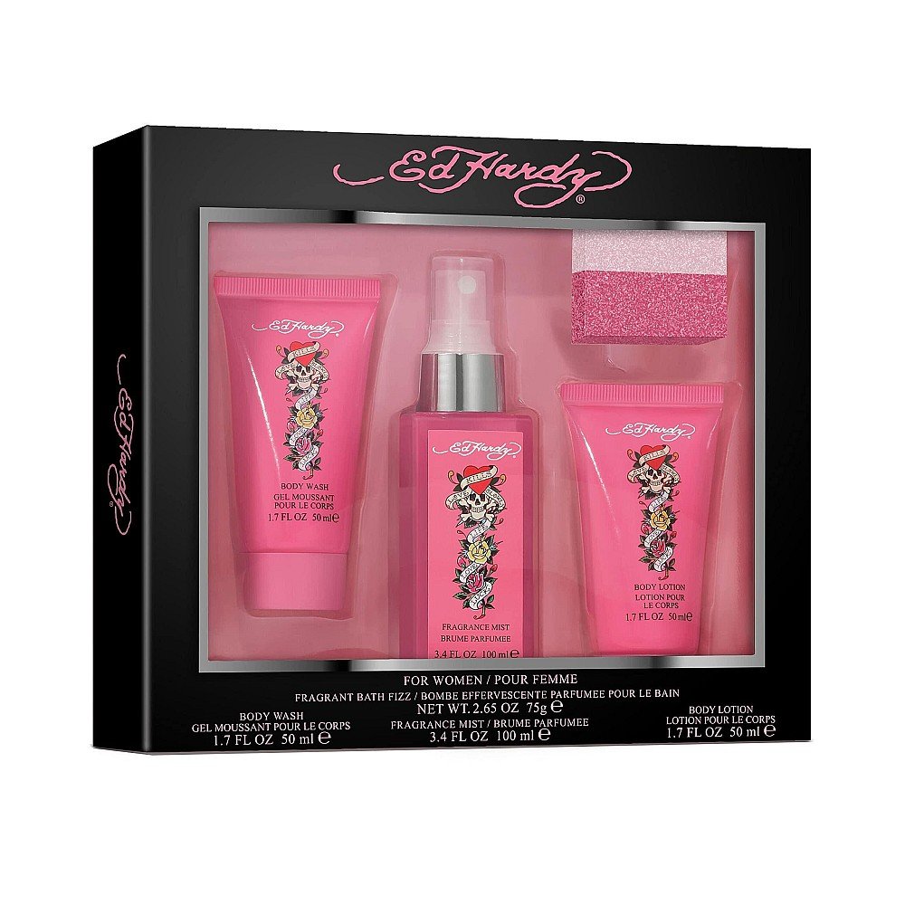 Ed Hardy Women Gift Set 100ml Body Mist + 50ml Body Wash + 50ml Body Lotion + 75g Bath Fizz
